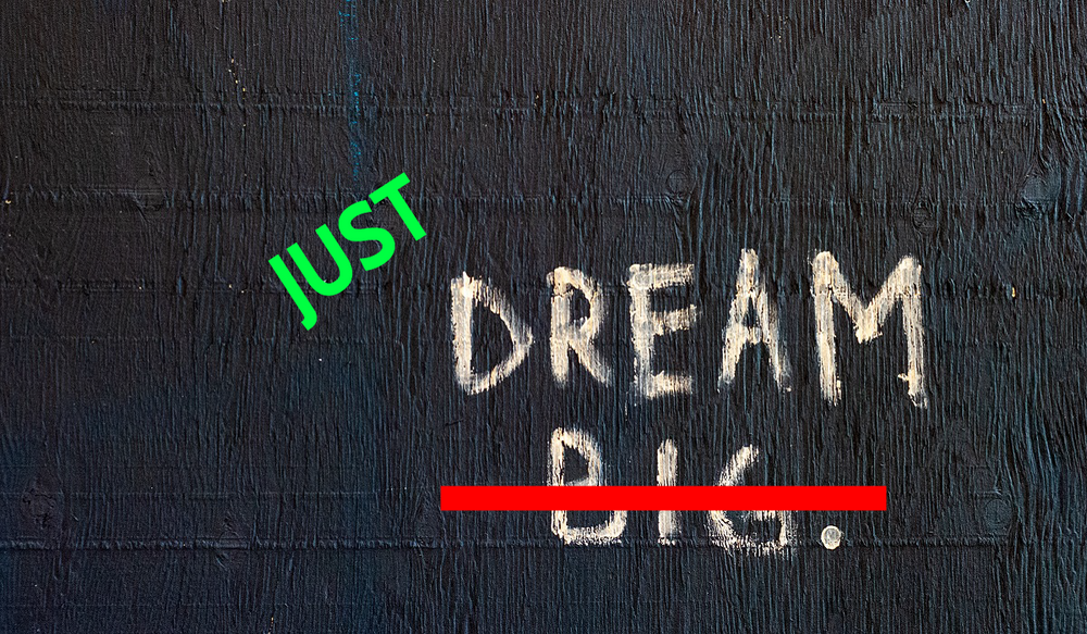 A sign that says "Dream big" with "big" crossed out and "just" added to beginning so it reads "Just dream."